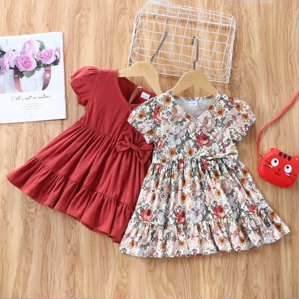 【6M-2.5Y】Infant Summer Short-sleeved Solid Color Bow Dress Ab - Popopiestyle.com 