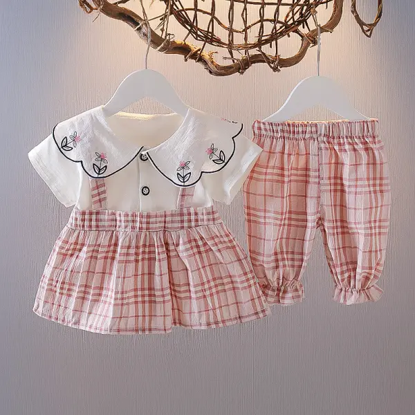 【6M-4Y】Girls Two-piece Plaid Stitching Suspender Skirt Suit - Popopiestyle.com 