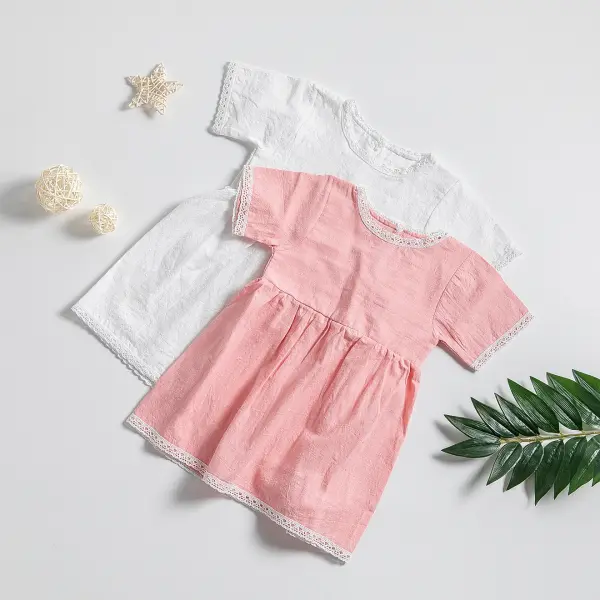 【12M-5Y】Girls Lace Short-sleeved Solid Color Dress - Popopiestyle.com 