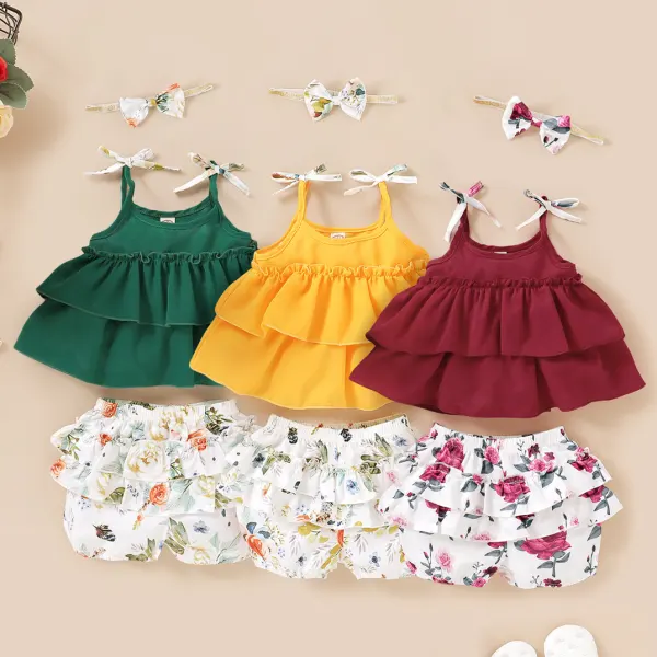 【12M-5Y】Cute Bow Sling Top and Floral Shorts Set - Popopiestyle.com 