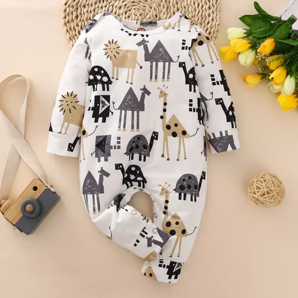 【6M-3Y】Baby Round Neck Long-Sleeved Cartoon Print Jumpsuit - Popopiestyle.com 