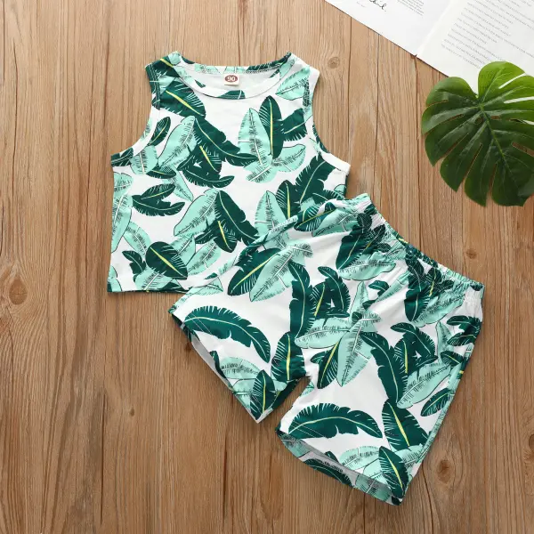 【18M-7Y】Boys Sleeveless Sports Tank Top with Plant Print Shorts Set - Popopiestyle.com 