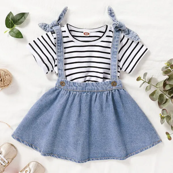 【12M-4Y】Cute Striped T-shirt and Blue Denim Skirt Set - Popopiestyle.com 