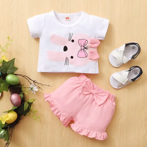 【6M-2.5Y】Cute Bow Cartoon Rabbit Print T-shirt and Pink Shorts Set - Popopiestyle.com 