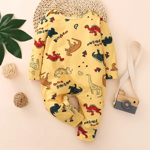 【6M-3Y】Baby Yellow Dinosaur Long-Sleeved One-Piece Romper - Popopiestyle.com 