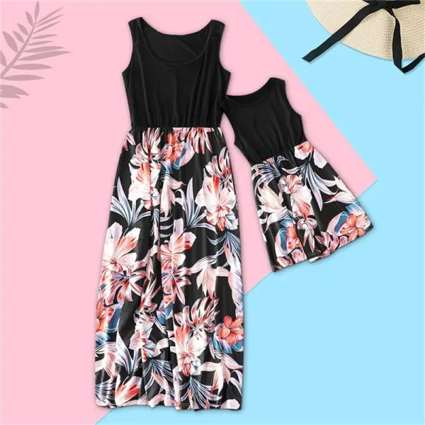 Round Neck Sleeveless Print Stitching Mom Girl Matching Dress - Popopiestyle.com 