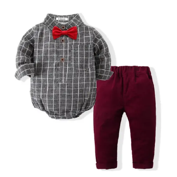 【6M-3Y】Checked Bow Tie Gentleman Romper and Pants Set - Popopiestyle.com 