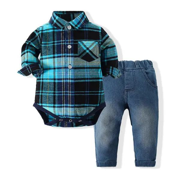 【6M-3Y】Boys Plaid Romper Jeans Suit - Popopiestyle.com 