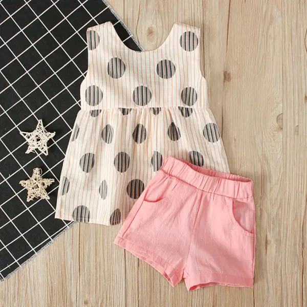 【18M-7Y】Girls' Polka Dot Top Plain Shorts Trend Two-Piece Set - Popopiestyle.com 