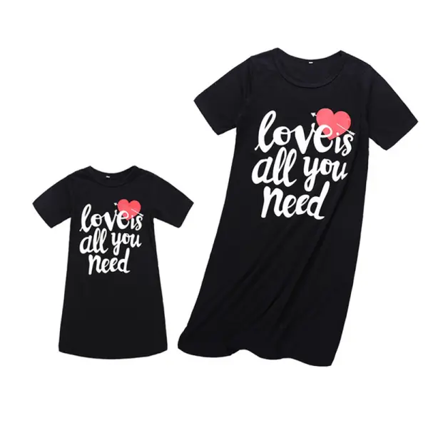 Casual Black Letter Print Red Love Print Mom Girl Matching Dress - Popopiestyle.com 