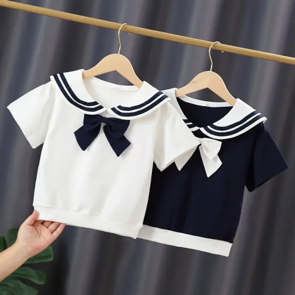 【3Y-11Y】Big Girls Navy Short Sleeve T-shirt with Lapel Collar - Popopiestyle.com 