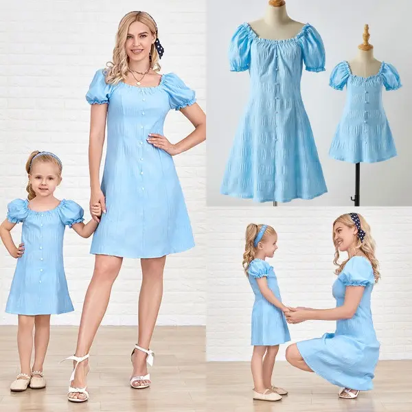 Sweet Square Neck Puff Sleeve Blue Mom Girl Matching Dress - Popopiestyle.com 