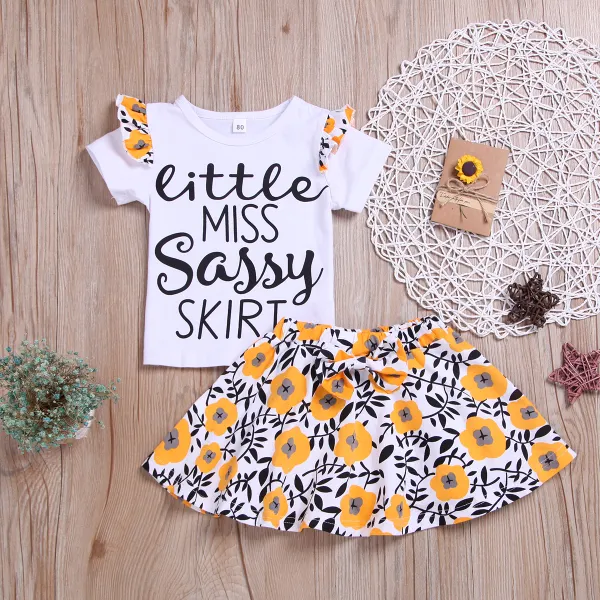 Girl Little Daisy Print T-shirt Half Skirt Two-Piece Suit - Popopiestyle.com 