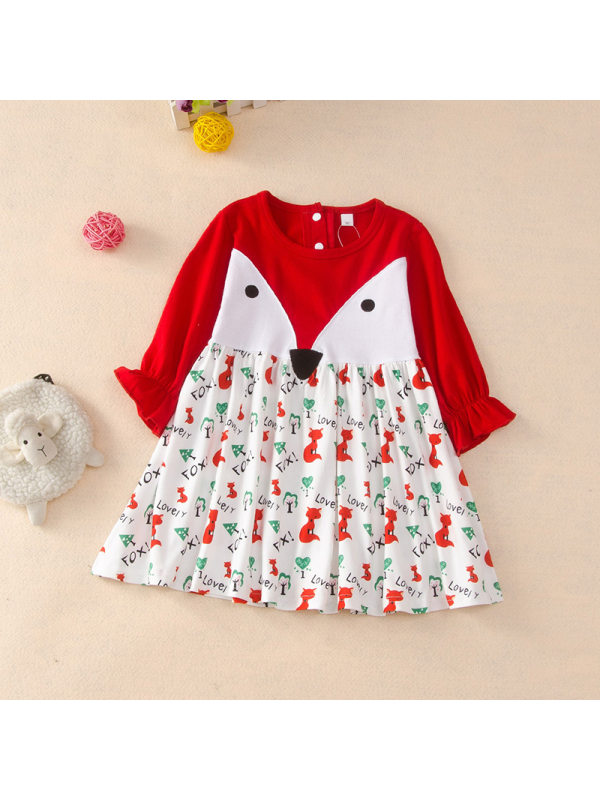 【18M-7Y】Girls Cartoon Fox Pattern Long Sleeve Dress