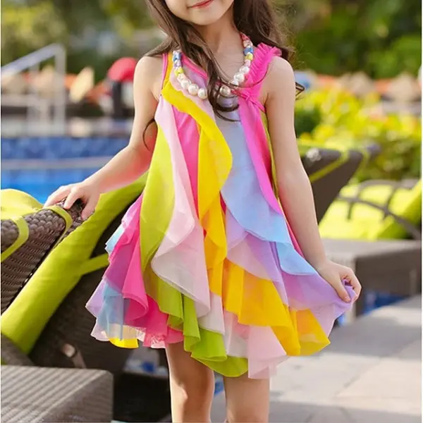 【3Y-11Y】Girls One Shoulder Sleeveless Rainbow Mesh Dress - Popopiearab.com 