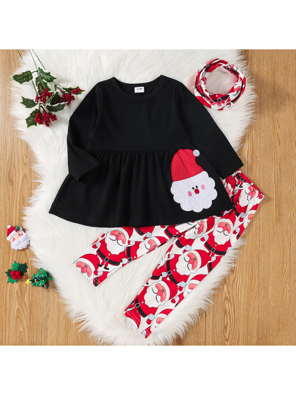 【18M-7Y】Girls Round Neck Long-sleeved Shirt With Full-print Santa Claus Pants Two-piece Suit