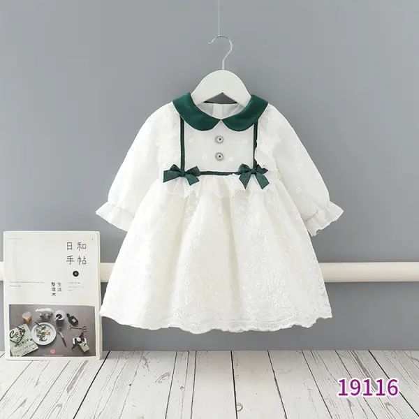 Girls Sweet Doll Collar Bow Lace Long Sleeve Princess Dress - Popopiestyle.com 