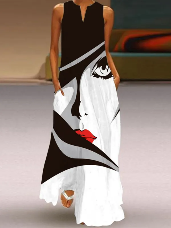 Модное повседневное платье с v-образным вырезом без рукавов с художественным принтом - Funluc.com 