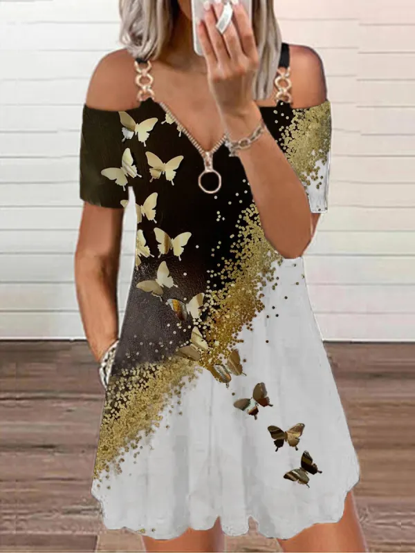 vestido midi casual con hombros descubiertos y estampado floral de mariposa para mujer - Funluc.com 