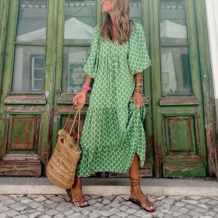 

Fashion V-neck Short Sleeve Printed Dress