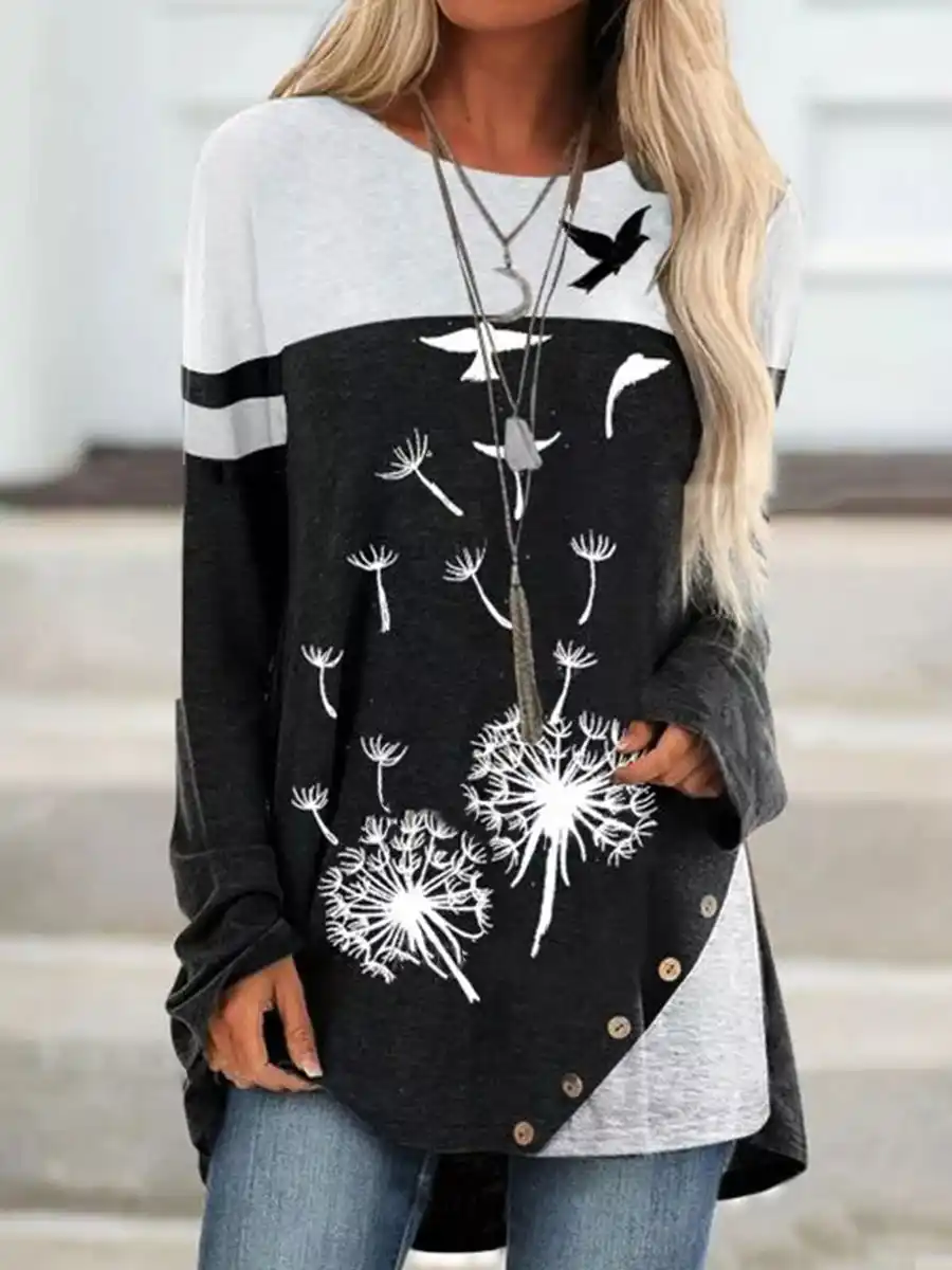 Fashion Dandelion Print Round Neck Long Sleeve Casual T-shirt