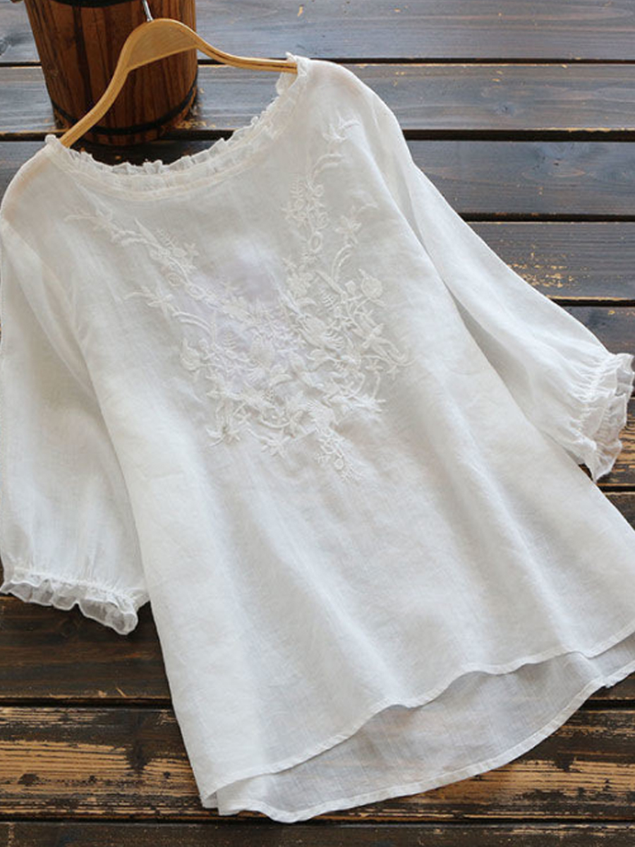 Ladies Round Neck Cotton Embroidered Casual Short sleeved Blouse