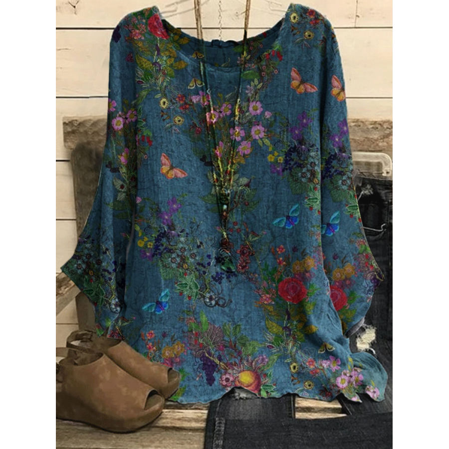 

Blusa De Manga Comprida Casual Solta Com Estampa Floral De Decote Redondo