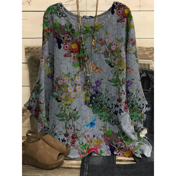 Round Neck Floral Print Casual Loose Long-sleeved Blouse - Chrisitina.com 