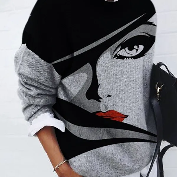 Casual Fashion Brushed Portrait Print Loose Long-Sleeved Pullover - Kalesafe.com 