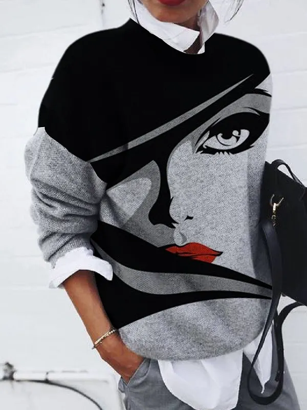 Casual Fashion Brushed Portrait Print Loose Long-Sleeved Pullover - Oasisjoy.com 