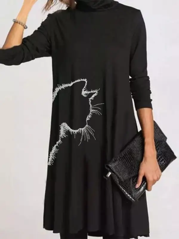 Повседневное модное платье прямого кроя с длинным рукавом и воротником с принтом кошки - Funluc.com 