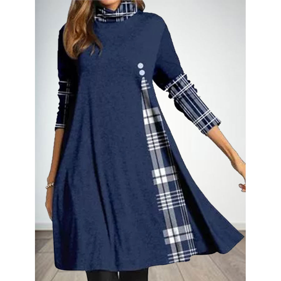 

Fashion Plaid Print Stack Neck Long Sleeve Casual Shift Dress