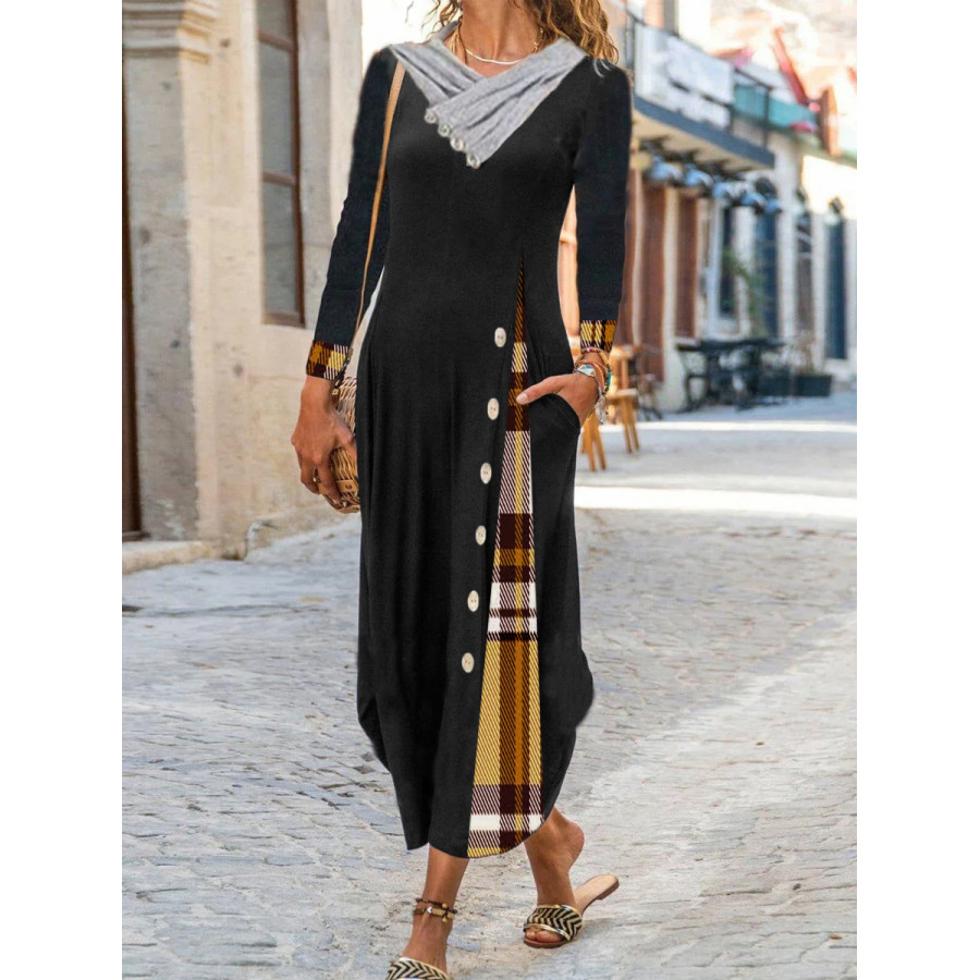 

Casual Plaid Print Long Sleeves Maxi Dress