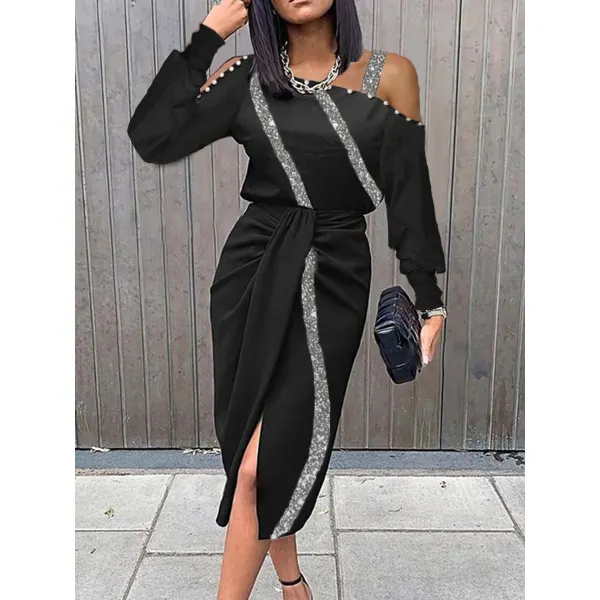 Fashion Sequin Print Off-shoulder Slit Midi Dress Women - Veveeye.com