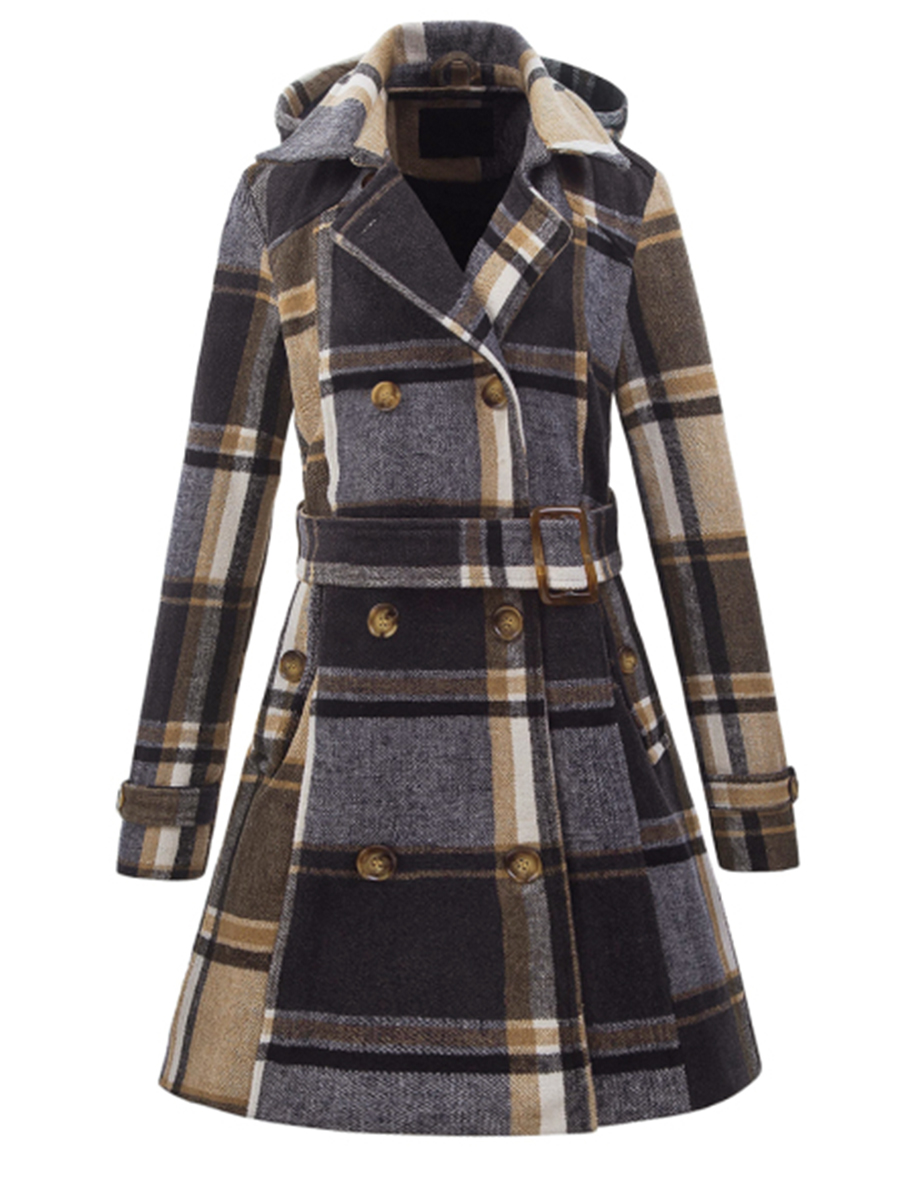 Women's Double Breasted Plaid Hooded Coat