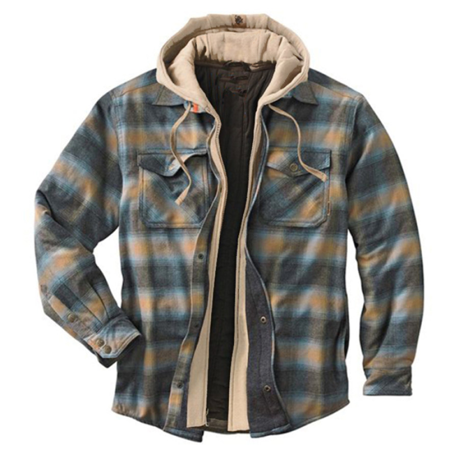 

Men's Plaid Brushed And Fleece Padded Hooded Cardigan Jacket