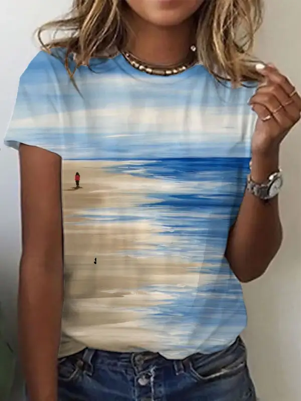 T-shirt Casual A Maniche Corte Con Stampa Ocean Beach - Funluc.com 