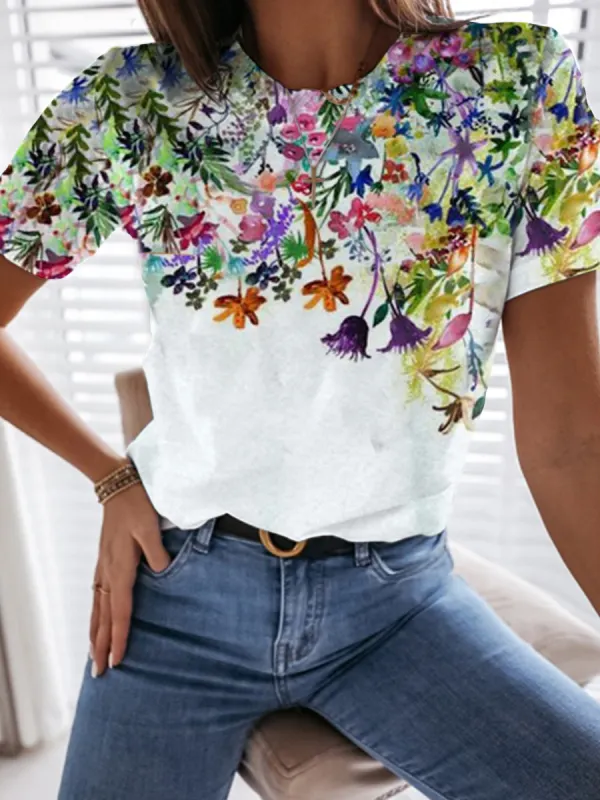 Casual Flower Print Short-Sleeved T-Shirt - Funluc.com 