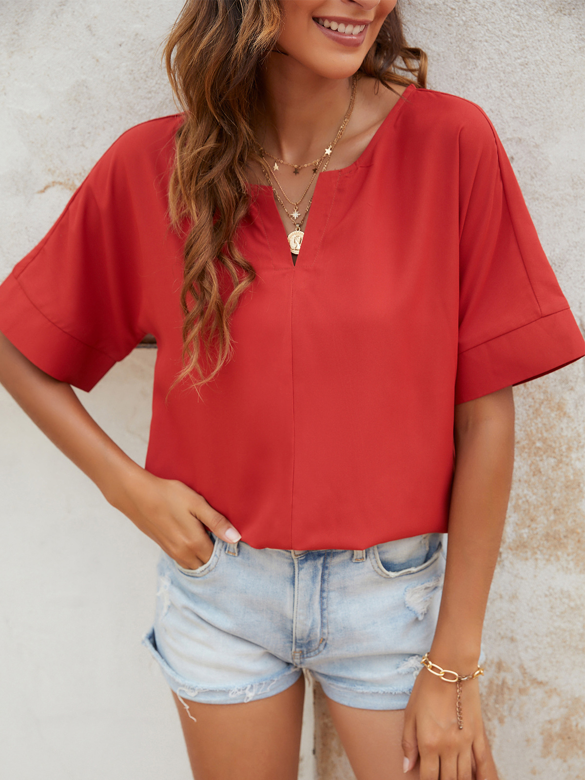 Soild Color V neck Short Sleeve Blouses