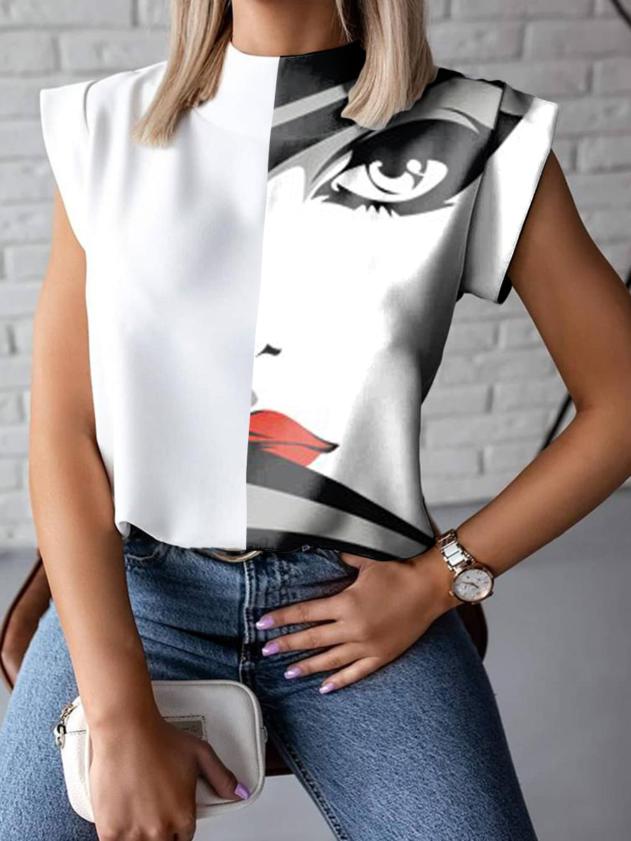 Womens Casual Crewneck Abstract Print And Wide Sleeves Top