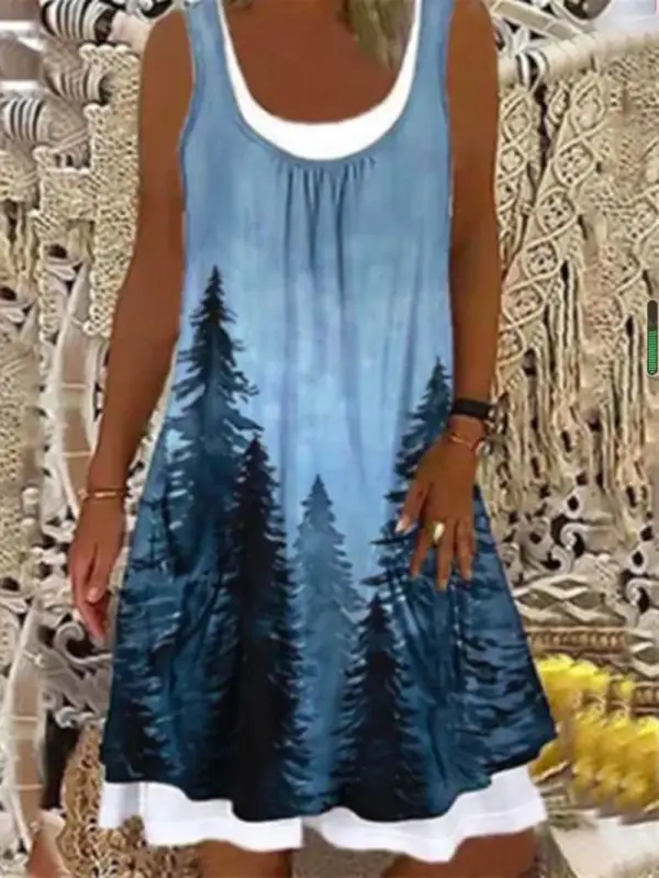 Womens Casual Denim Print Fake Two Piece Dress - Funluc.com 