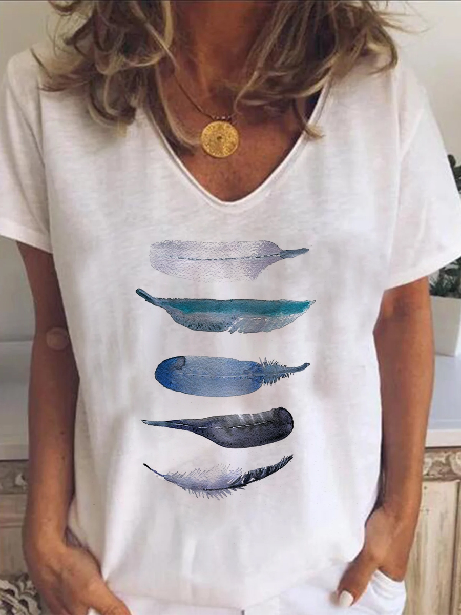 Ladies V neck Short sleeved Cotton Feather Print T shirt