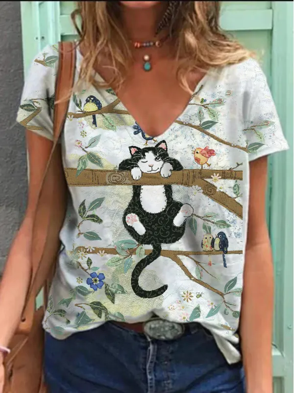 Camiseta Feminina Com Estampa De Gato Com Decote Em V - Funluc.com 