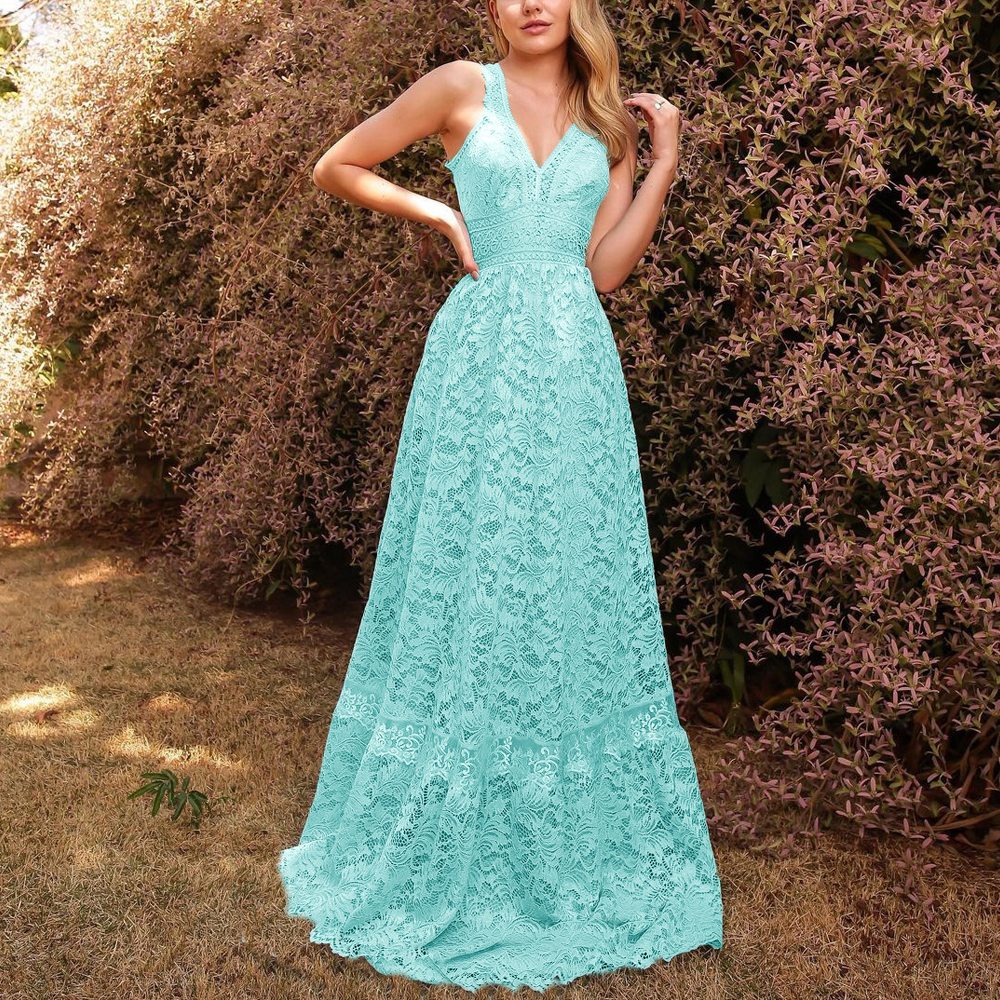 Lace Trim V neck Sleeveless Maxi Dress Elegant