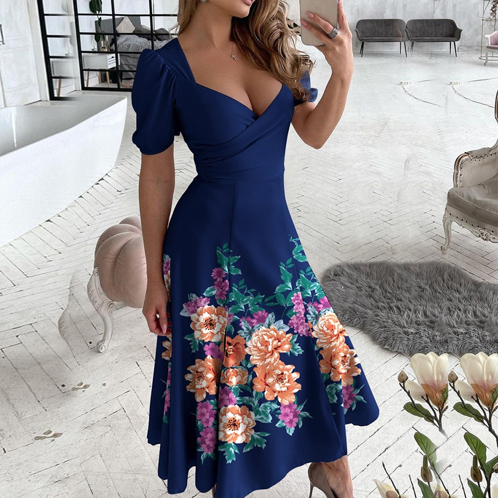 Floral Print V neck Short Sleeve Maxi Dress