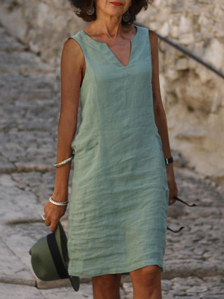 Casual Cotton Linen V neck Midi Dress