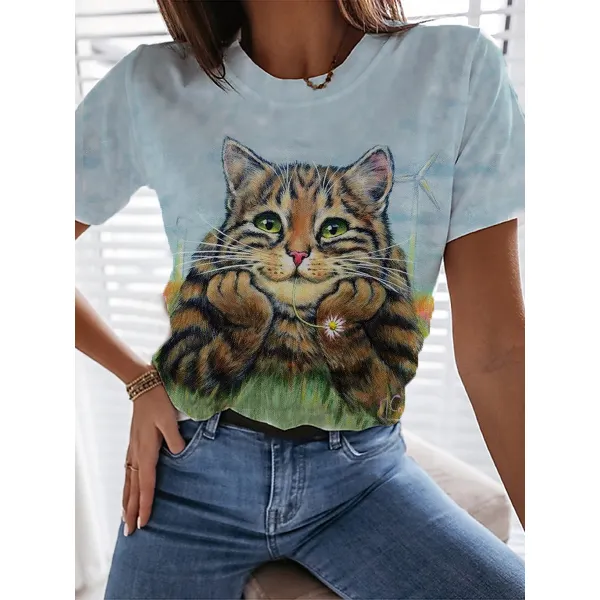 Womens Casual Fashion Cat Print T-shirt - Spiretime.com 