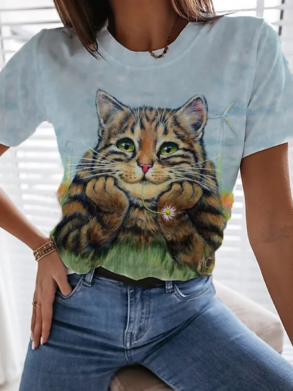 Womens Casual Fashion Cat Print T-shirt - Spiretime.com 