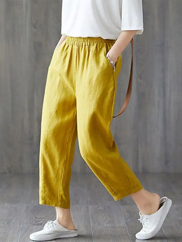 Womens plus size cotton linen elastic pants - Funluc.com 