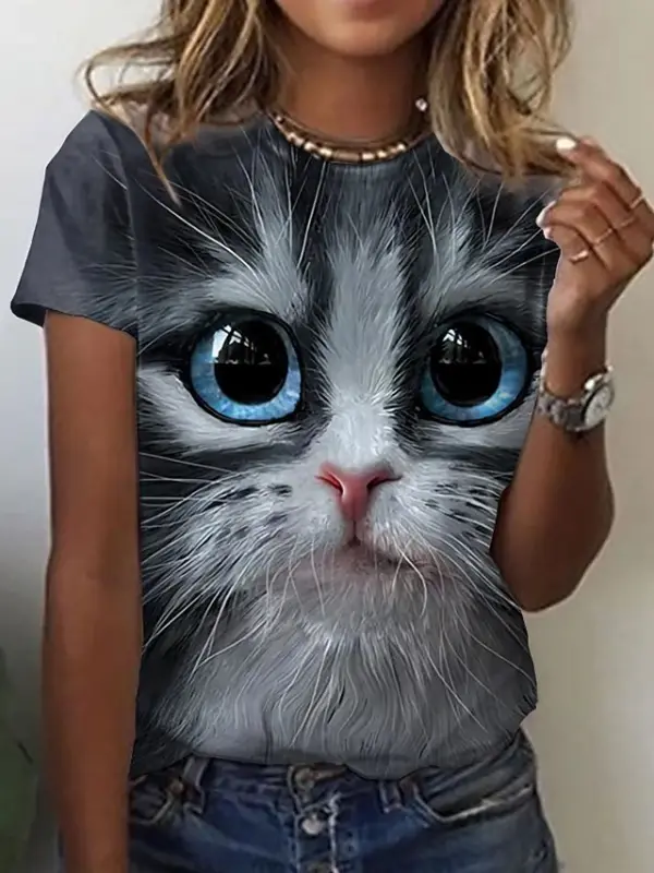 Damen Cat Print T-Shirt - Funluc.com 
